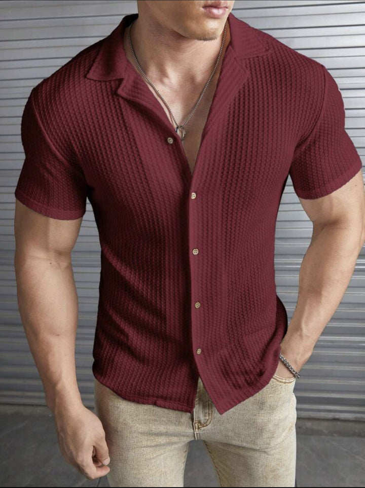 Men’s T-Shirt – Slim Fit – Waffle Knit – Button Front – Short Sleeve – Collared