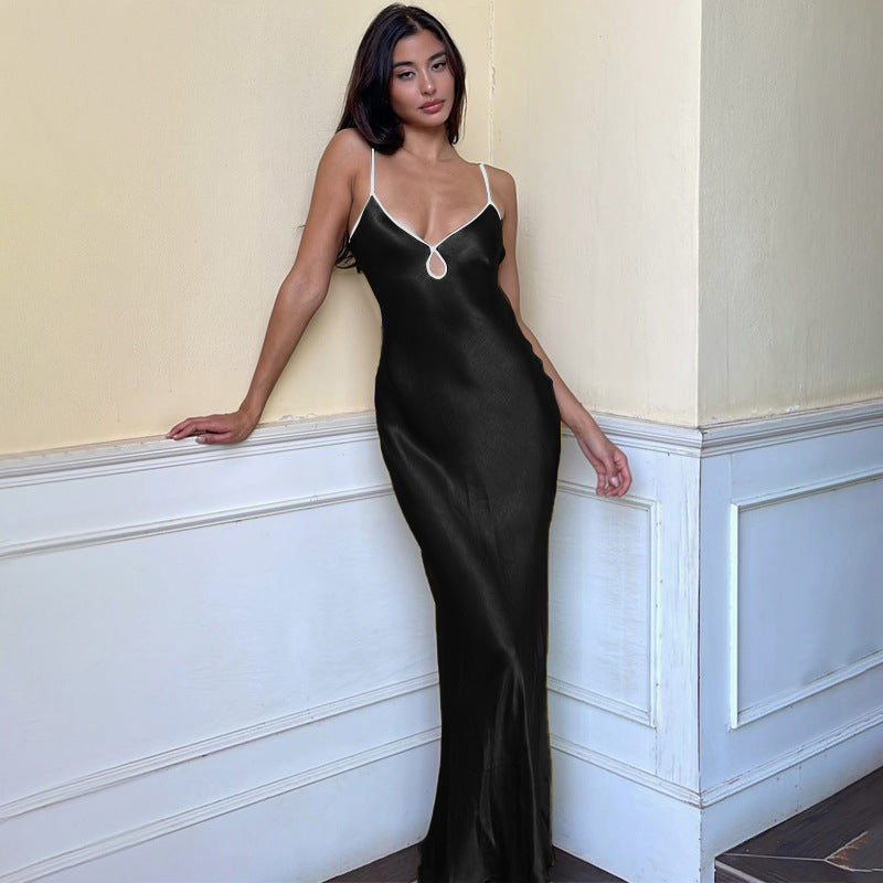 Women’s Slip Dress - Satin Finish - Deep V Neckline - Spaghetti Straps - Keyhole Detail
