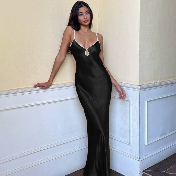 Women’s Slip Dress - Satin Finish - Deep V Neckline - Spaghetti Straps - Keyhole Detail