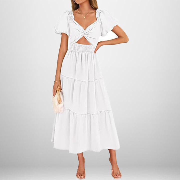 Women’s Midi Dress – Twisted Knot Bust – Puff Sleeve – Tiered Skirt – Shirred Waist