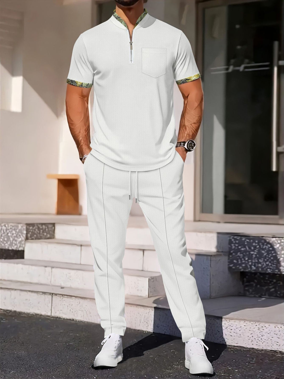 Men’s Sport Set -  Short Sleeve Shirt - Slim Fit - Zip Neck - Chest Pocket