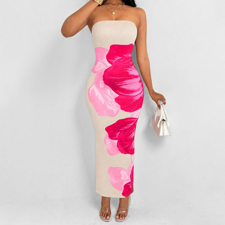 Women’s Strapless Dress - Bodycon Fit - Floral Print - Ankle Length Elegant Silhouette
