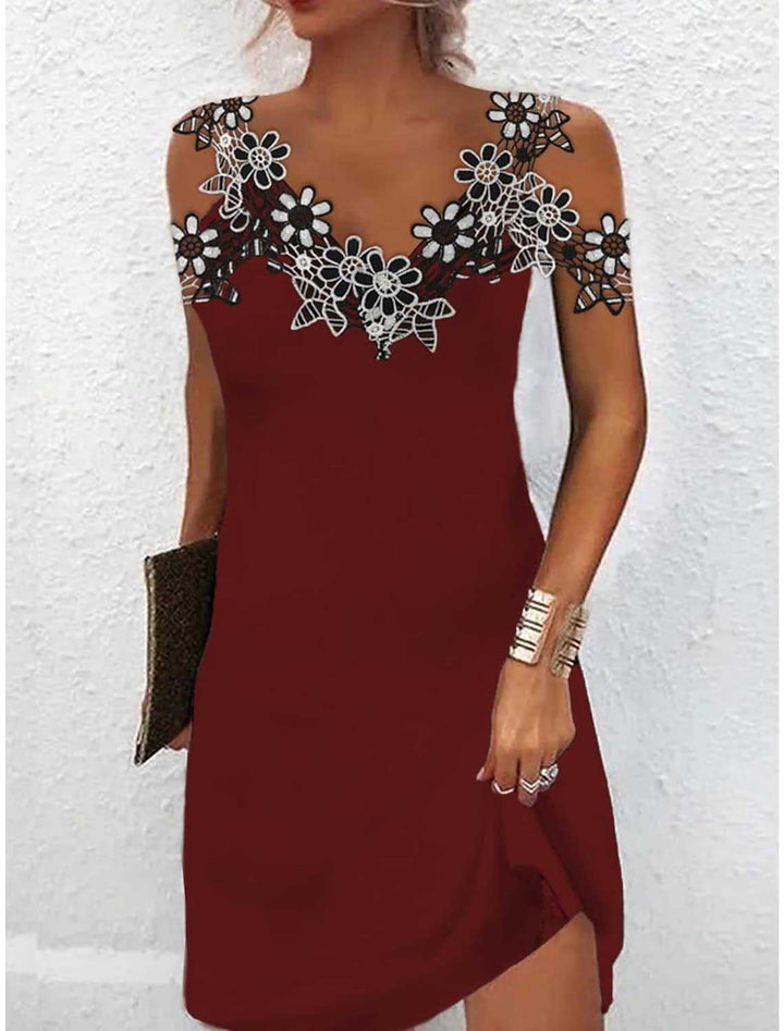 Women’s Mini Dress - Slim Fit - Embroidered Lace V-Neck - Sleeveless Luxury Fabric