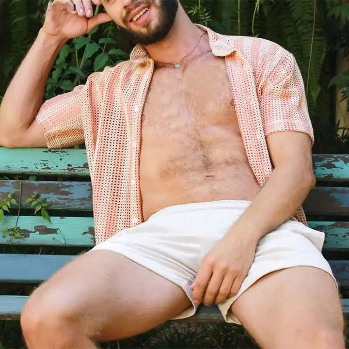 Men’s Mesh Shirt - Relaxed Fit - Short Sleeve - Button-Up - Breathable Grid Design