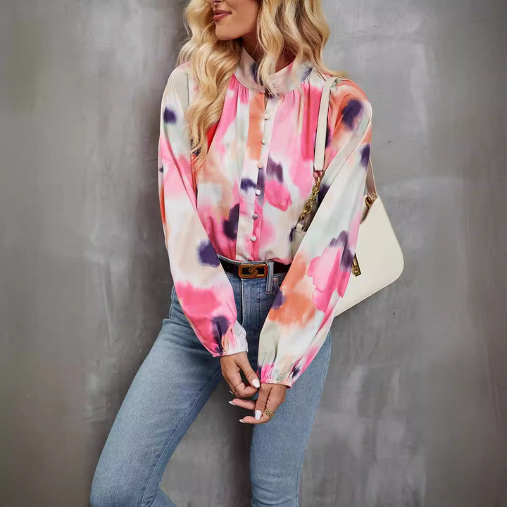 Women’s Blouse - Relaxed Fit - Button-Down - Mandarin Collar - Abstract Print - Long Sleeve