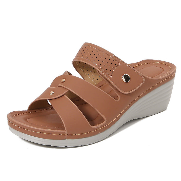 Women's Wedge Sandals – Open Toe – Slip-On Comfort – Rivet Strap – Casual Fit