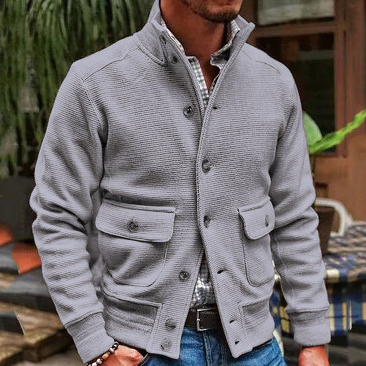 Men’s Jacket - Slim Fit - High Collar - Textured Cotton - Button Closure - Flap Pockets