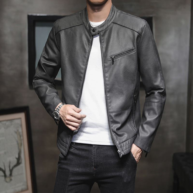 Men’s Biker Jacket - Slim Fit Leather - Stand Collar - Zippered Pockets Casual Style