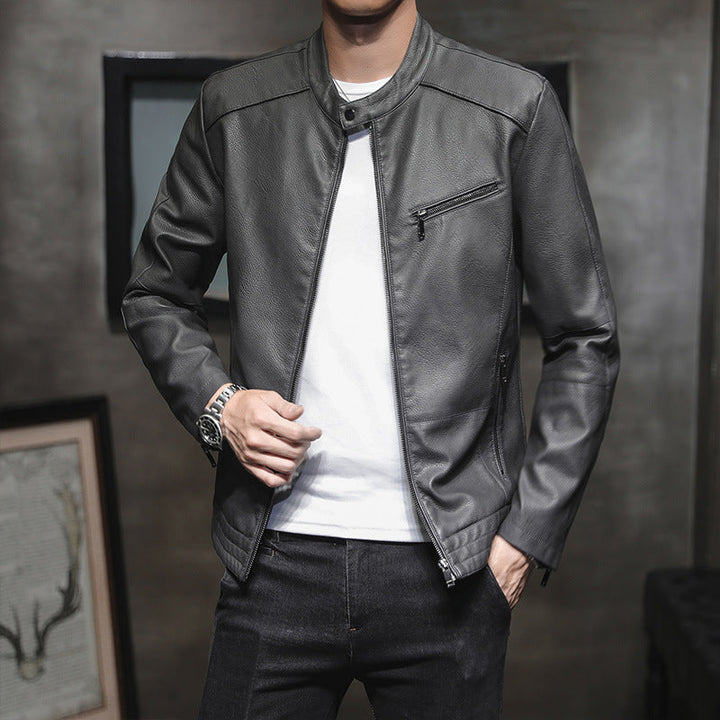 Men’s Biker Jacket - Slim Fit Leather - Stand Collar - Zippered Pockets Casual Style