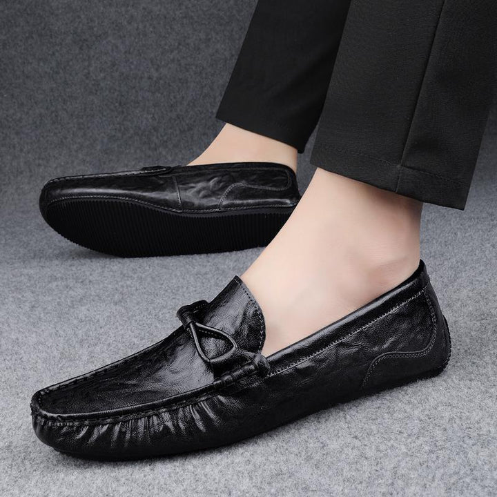 Men’s Leather Loafers – Slip-On Comfort – Decorative Tie – Printed Detailing – Casual Fit