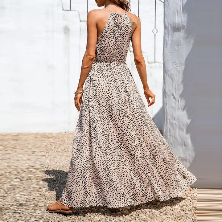 Women’s Maxi Dress - Halter Neck - Sleeveless - Flowing Fit with Waist Cinch - Side Slit