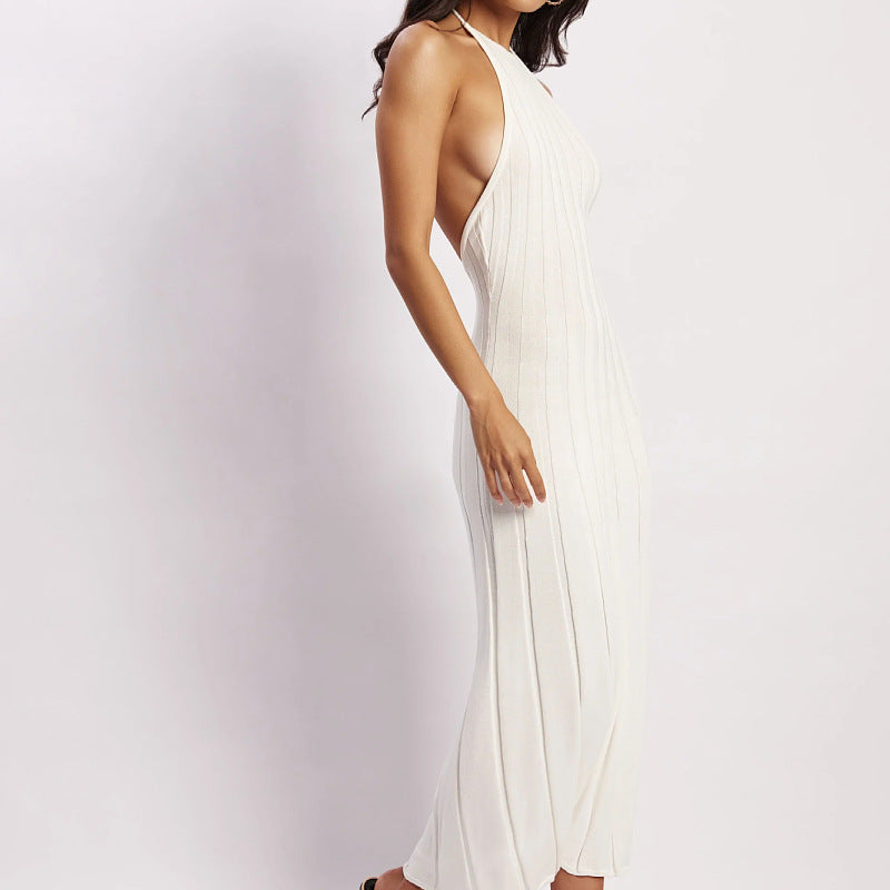 Women’s Midi Dress – Halter Neck – Ribbed Knit – Slim Fit – Flared Skirt