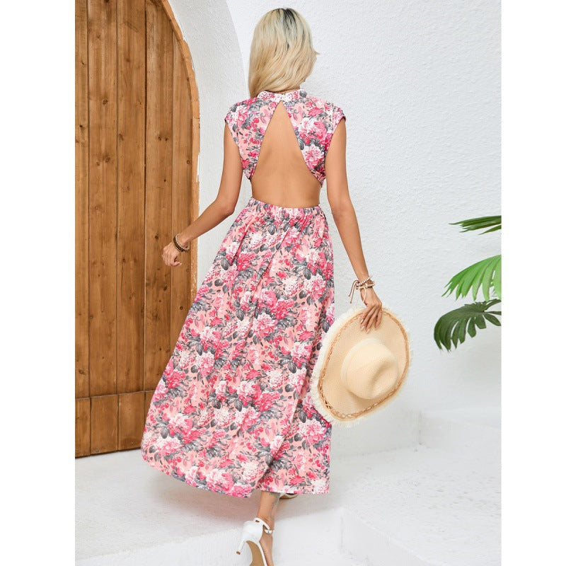 Women’s Sleeveless Dress – Relaxed Fit – Semi-High Neck – Open Back – Belted Waist – Breathable Blend