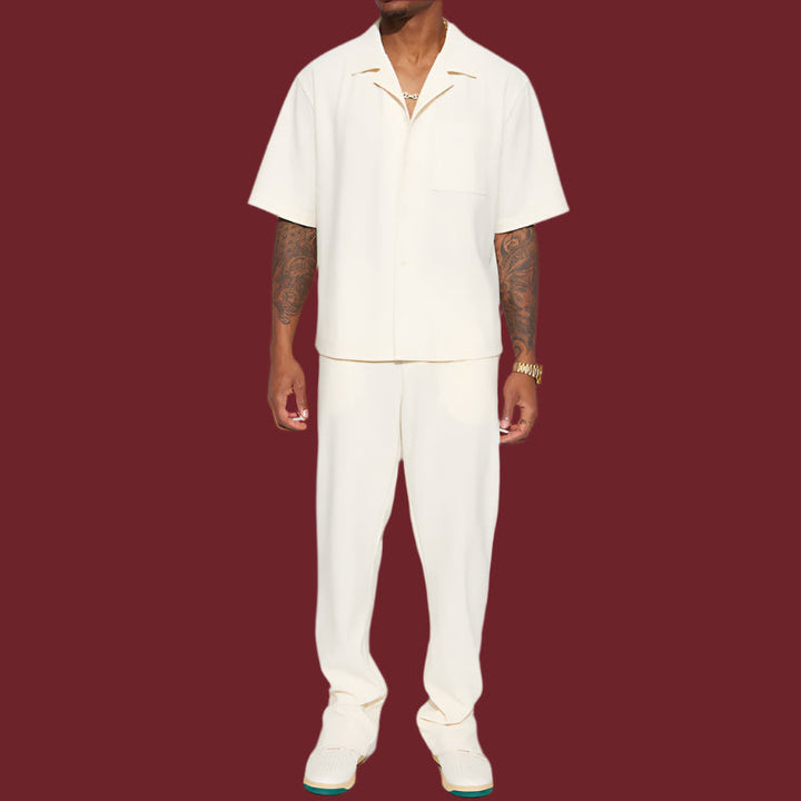 Men’s Casual Set – Relaxed Fit Shirt with Collar – Full-Length Pants