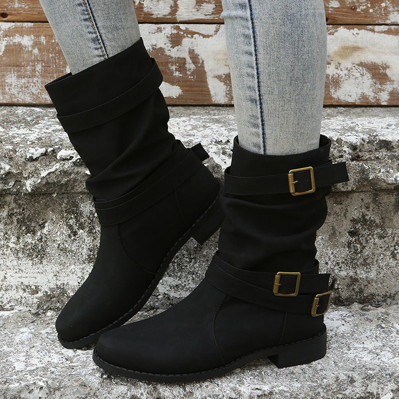 Women’s Mid-Calf Boots – Faux Leather – Buckle Straps – Slouch Fit – Casual Everyday Wear