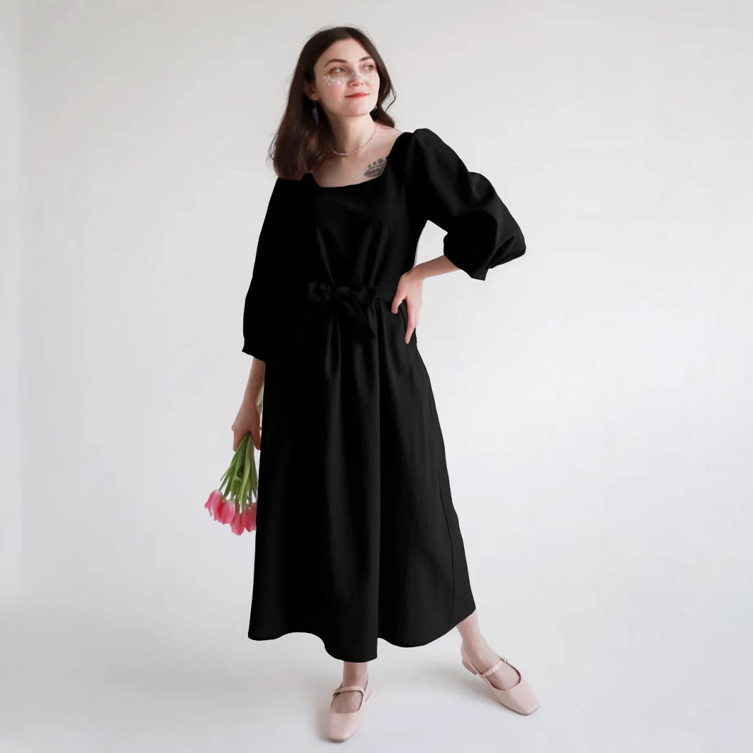 Women’s Midi Dress – Lightweight Cotton – A-Line Fit – Square Neck – 3/4 Puff Sleeve