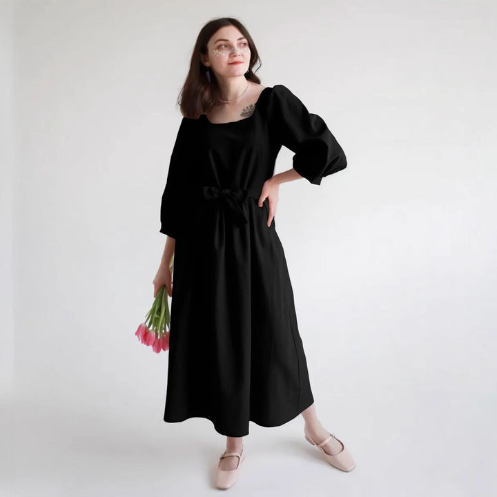 Women’s Midi Dress – Lightweight Cotton – A-Line Fit – Square Neck – 3/4 Puff Sleeve