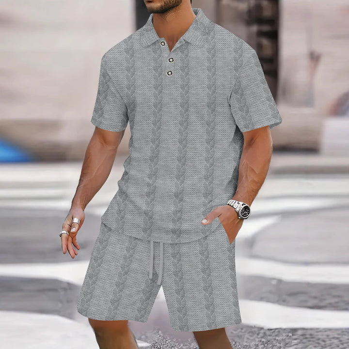 Men’s Shirt and Short Set – Relaxed Fit – Knit Texture – Button Front – Elastic Waist