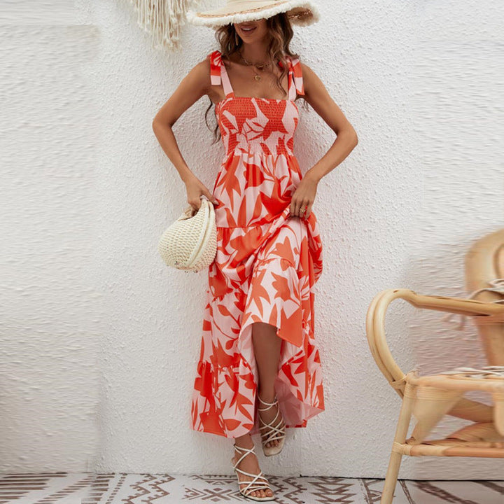 Women’s Maxi Dress – Smocked Bodice – Tiered Hem – Floral Print – Tie Strap Fit