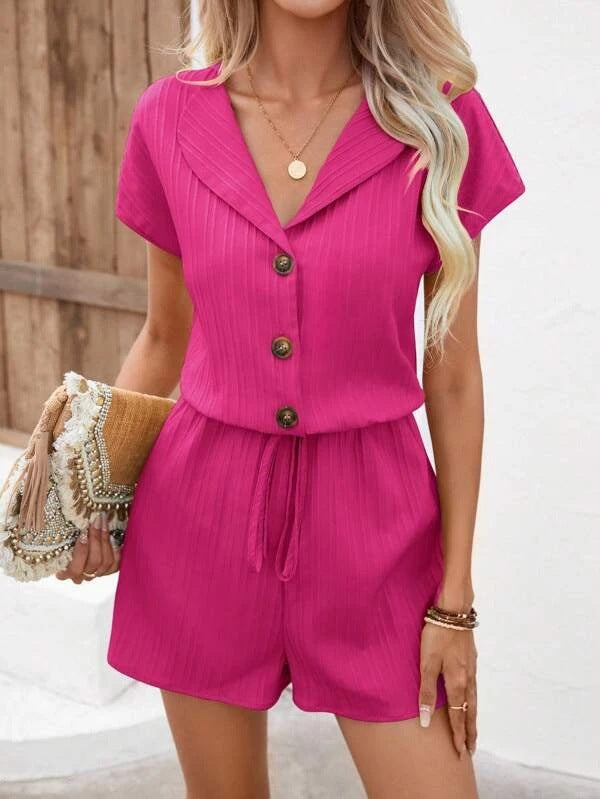 Women’s Romper - Relaxed Fit - Short Sleeve - Drawstring Waist - Notched Collar - Button Front