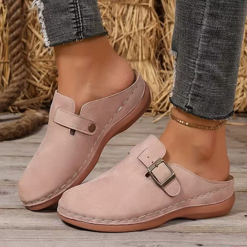 Women’s Wedge Mule Sandals – Closed Toe – Buckle Strap – Cushioned Insole – Casual Fit