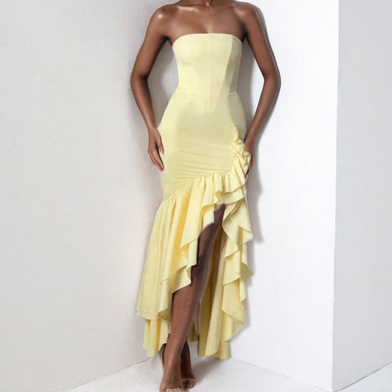Women’s Strapless Evening Gown – Fitted Bodice – High-Low Ruffle Hem – Mermaid Silhouette