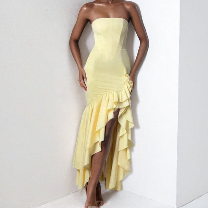 Women’s Strapless Evening Gown – Fitted Bodice – High-Low Ruffle Hem – Mermaid Silhouette