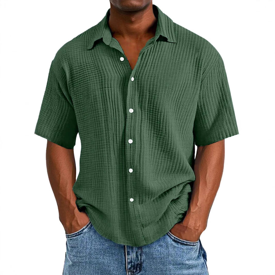 Men’s Short Sleeve Shirt – Relaxed Fit – Wrinkled Texture – Breathable Double Layer