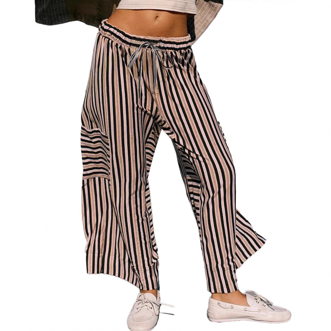 Women’s Wide-Leg Pants - Relaxed Fit - Breathable Blend - Drawstring Waist - Striped
