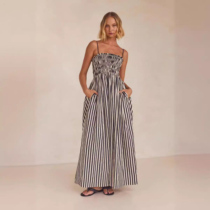 Women’s Maxi Dress – Shirred Bodice – Spaghetti Straps – Flowy Skirt – Side Pockets