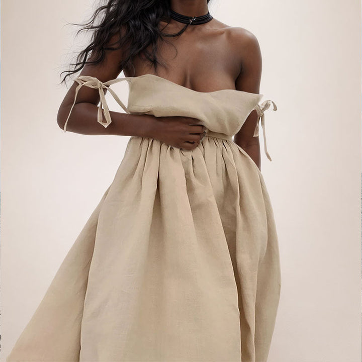 Women’s One-Shoulder Dress – Asymmetrical Neckline – Tie Strap – High Slit – Flowy Fit