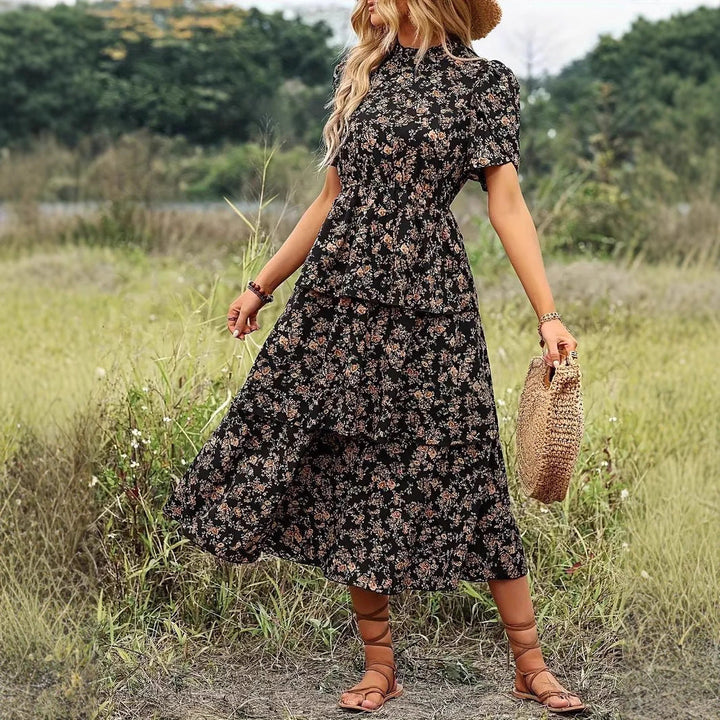 Women’s Midi Dress – Tiered A-Line – Short Sleeve – High Neck – Flowy Fit