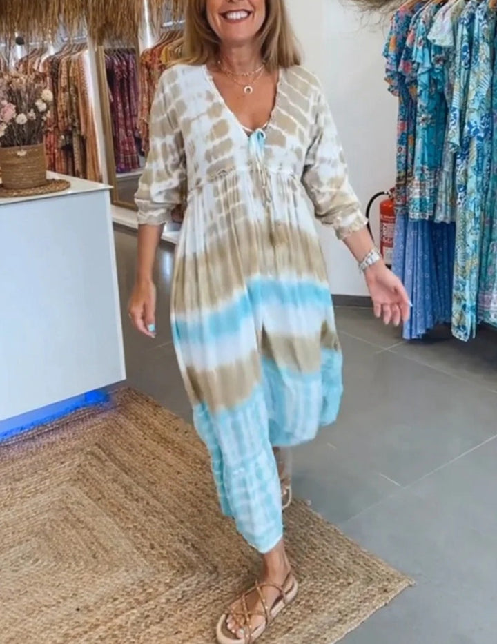 Women’s Kaftan Dress – Natural Fibers – Relaxed Fit – V-Neck – Tie-Dye – Midi Length