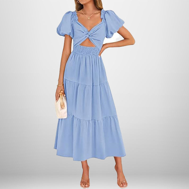 Women’s Midi Dress – Twisted Knot Bust – Puff Sleeve – Tiered Skirt – Shirred Waist