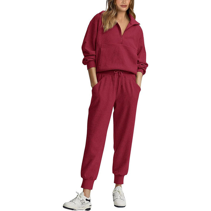 Women’s Tracksuit Set – Ribbed Fabric – Relaxed Fit – Half Zip Pullover – Drawstring Waist