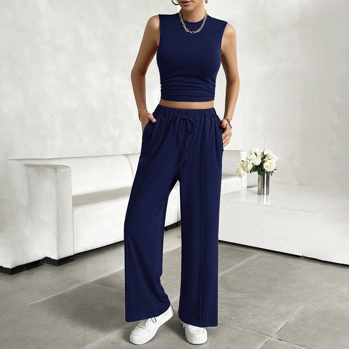 Women’s 2-Piece Set - Sleeveless Crop Top Crew Neck - Wide-Leg Pants Elastic Waist