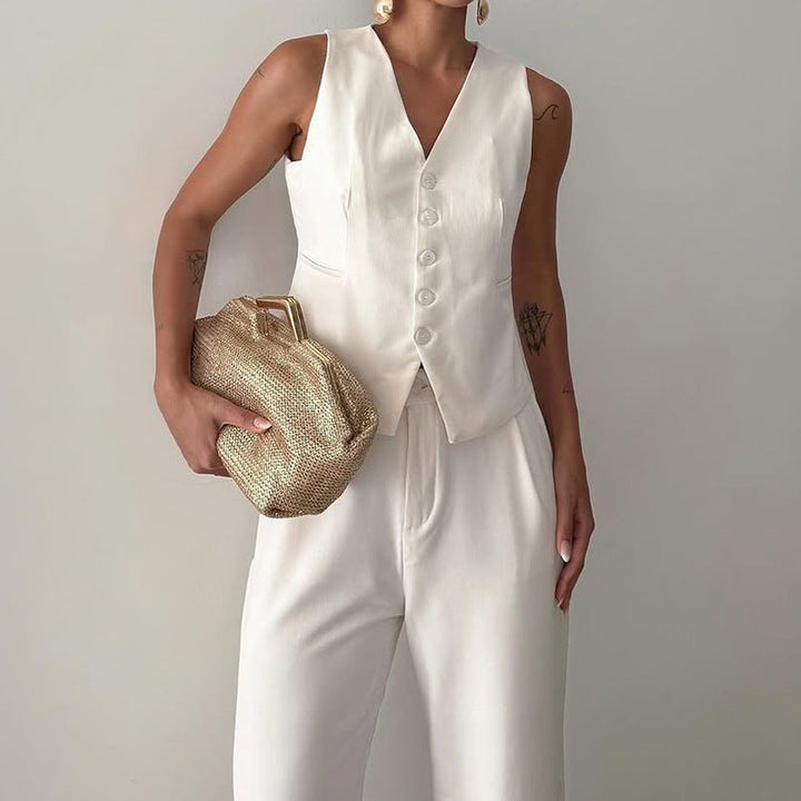 Women’s Two-Piece Set – V-Neck Cropped Top – High Waist Straight Leg Pants