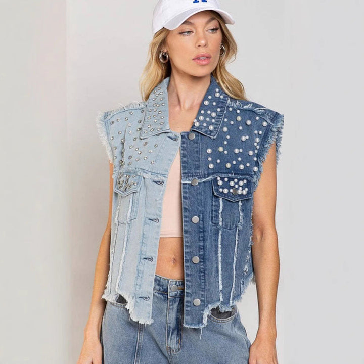 Women’s Denim Vest – Studded Patchwork – Distressed Sleeveless – Button-Front Closure