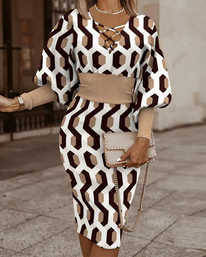 Women’s Bodycon Dress – Crisscross V-Neck – Balloon Long Sleeve – Plaid – Cinched Waist
