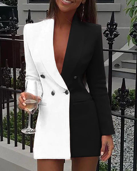Women’s Blazer Dress – Tailored Fit – Two-Tone Design – V-Neck – Double Breasted Mini
