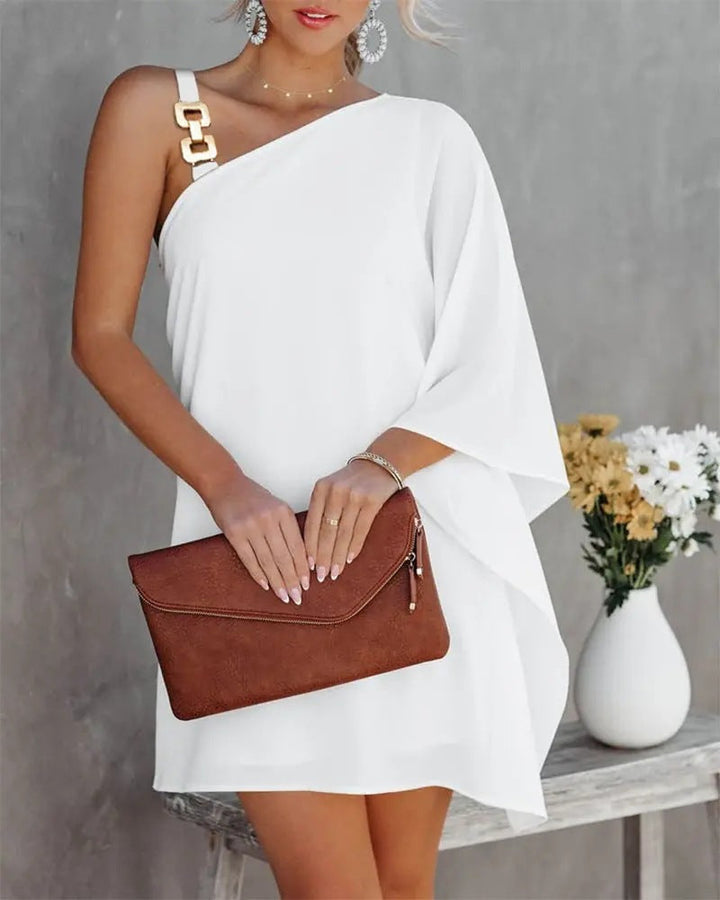 Women’s Off-Shoulder Dress – Relaxed Fit – Bat Sleeve – Metal Strap Accent – Knee Length