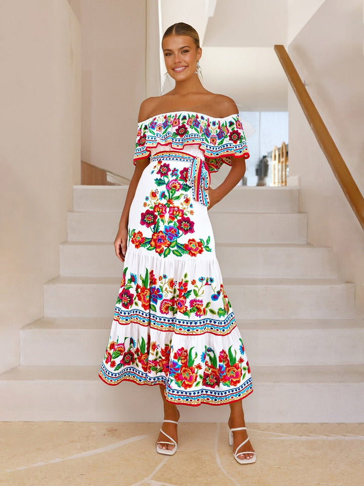 Women’s Maxi Dress – Off-Shoulder – Floral Embroidery – Ruffled Detail – Flowy Fit