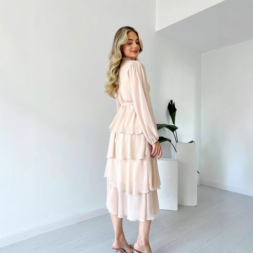 Women’s Midi Dress – Tiered A-Line Silhouette – Sheer Long Sleeve – High Neck Tie Waist
