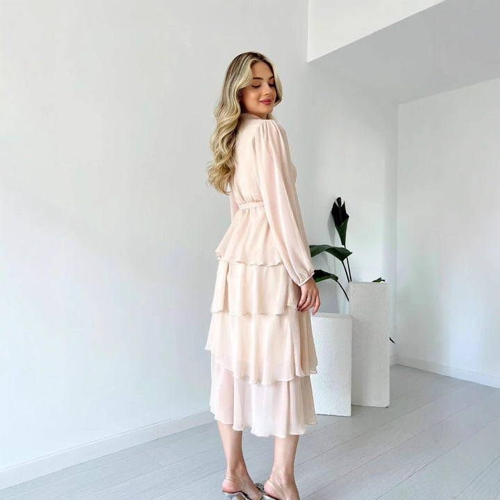 Women’s Midi Dress – Tiered A-Line Silhouette – Sheer Long Sleeve – High Neck Tie Waist