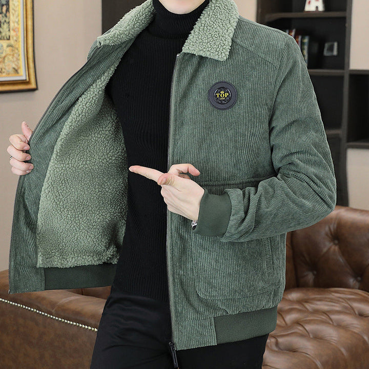 Men’s Casual Jacket - Corduroy Exterior - Sherpa Lined - Relaxed Fit - Zip Closure