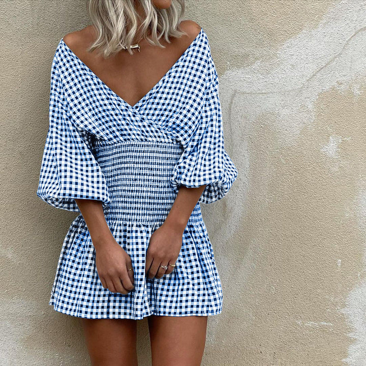 Women’s Mini Dress – Wrap V-Neck – Puff 3/4 Sleeves – Shirred Waist – A-Line Fit