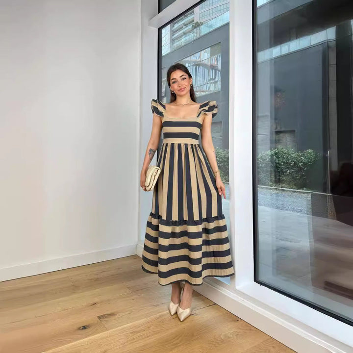 Women’s Maxi Dress – Fitted Bodice – Square Neck – Tiered Skirt – Flutter Sleeve – Striped