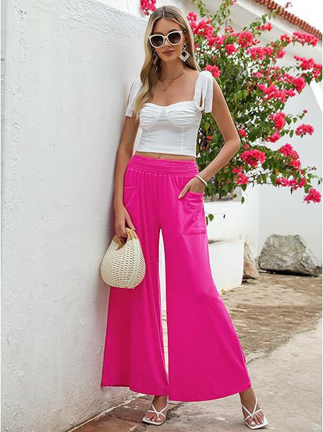 Women's Wide-Leg Pants - Elastic Waistband - Full Length - Relaxed Fit - Front Pockets