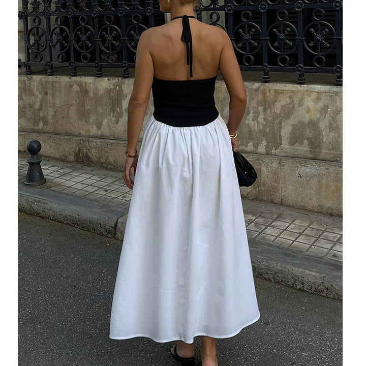 Women’s Halter Dress – Sleeveless Fitted Bodice – Flowing A-Line Midi Skirt