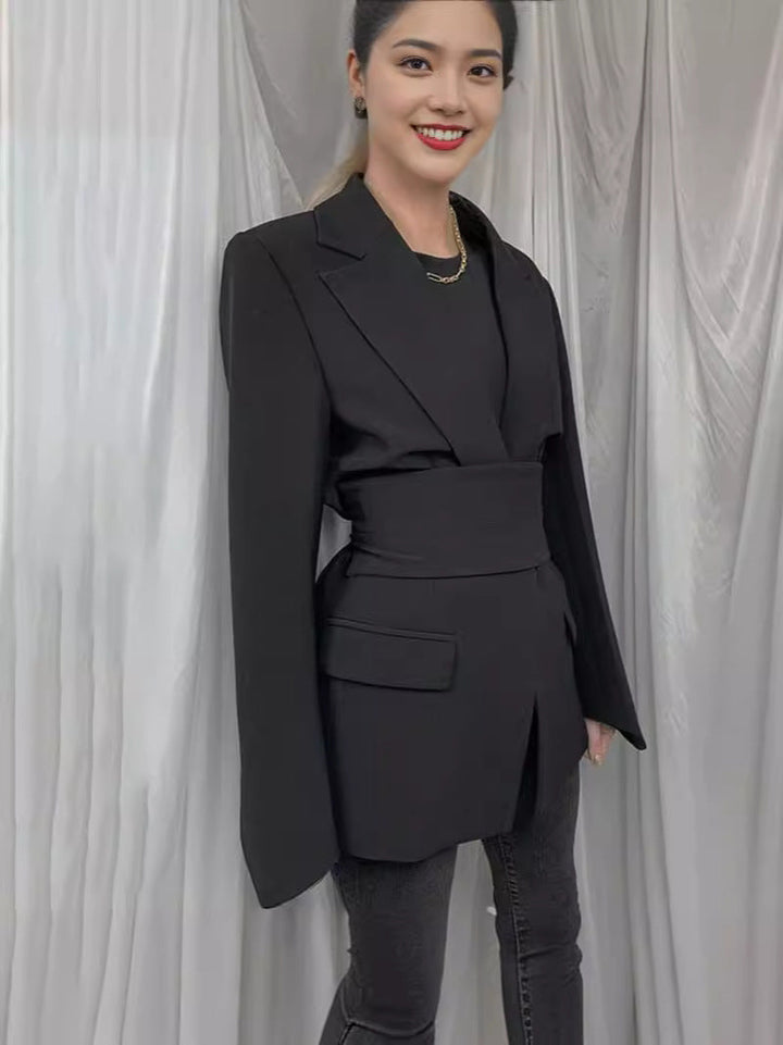 Women’s Blazer - Tailored Longline Fit - Self-Tie Waist - Notched Lapel - Flap Pockets